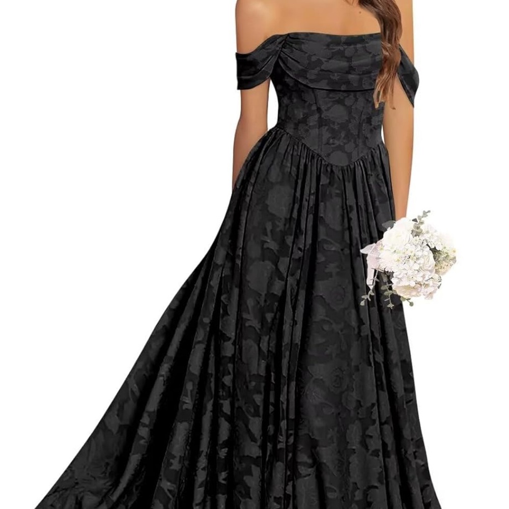 Off-Shoulder Black Floral Jacquard Evening Gown